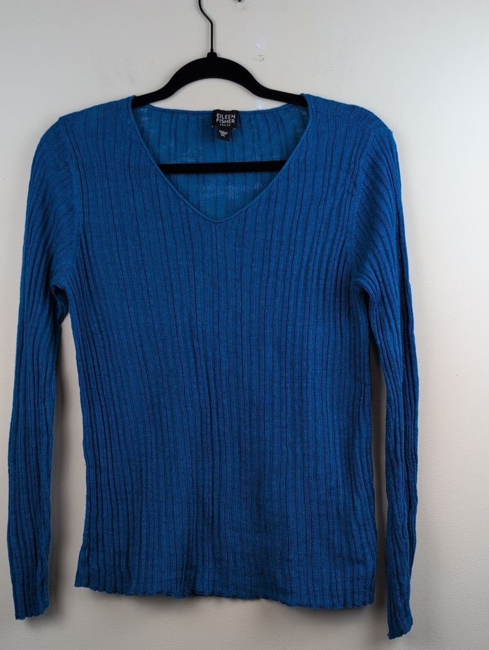 Eileen Fisher Lightweight Linen V-Neck Ribbed Sweater Blue Coastal Classic